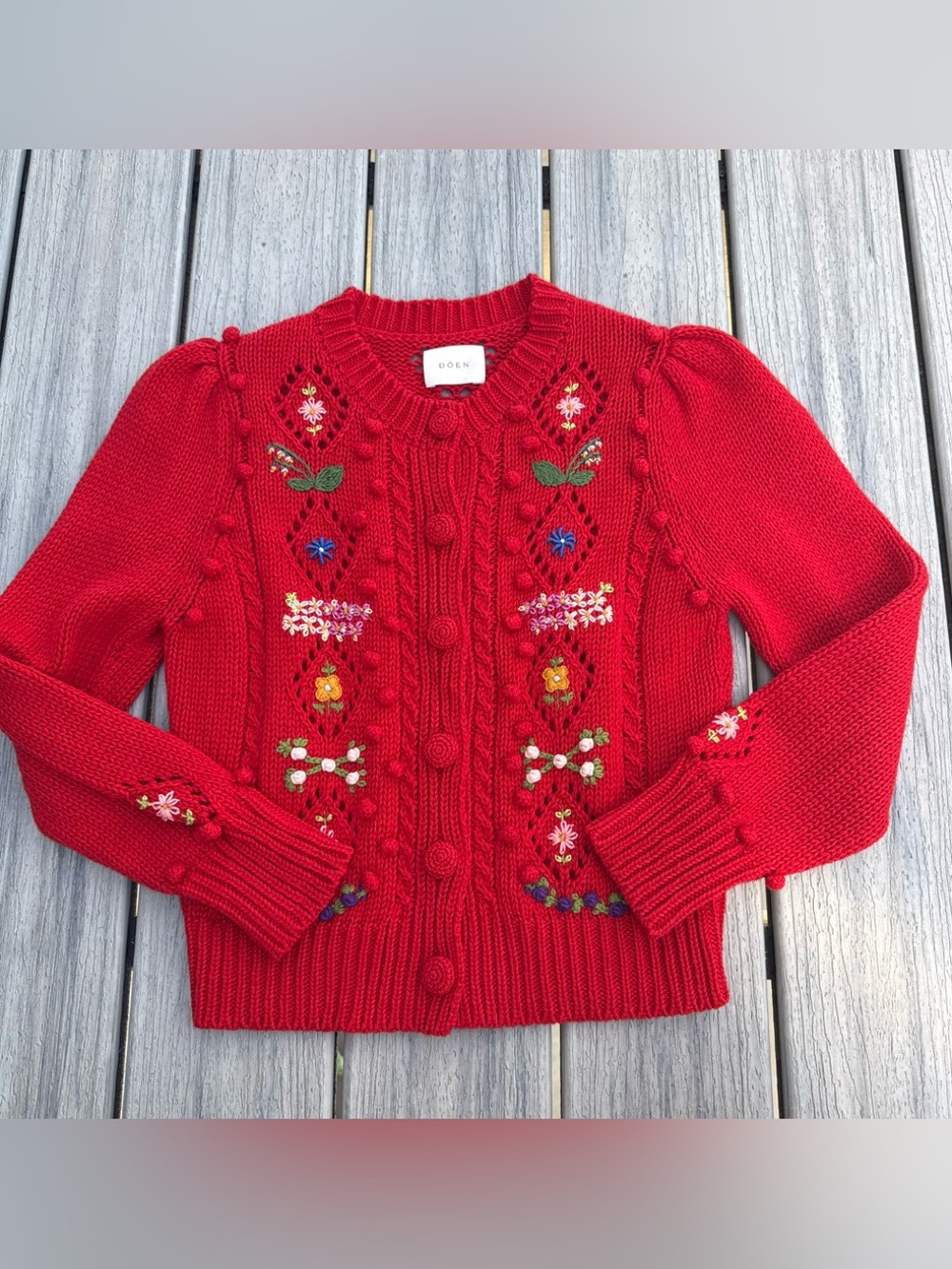 Doen Red Embroidered Bobble Knit Cardigan Small